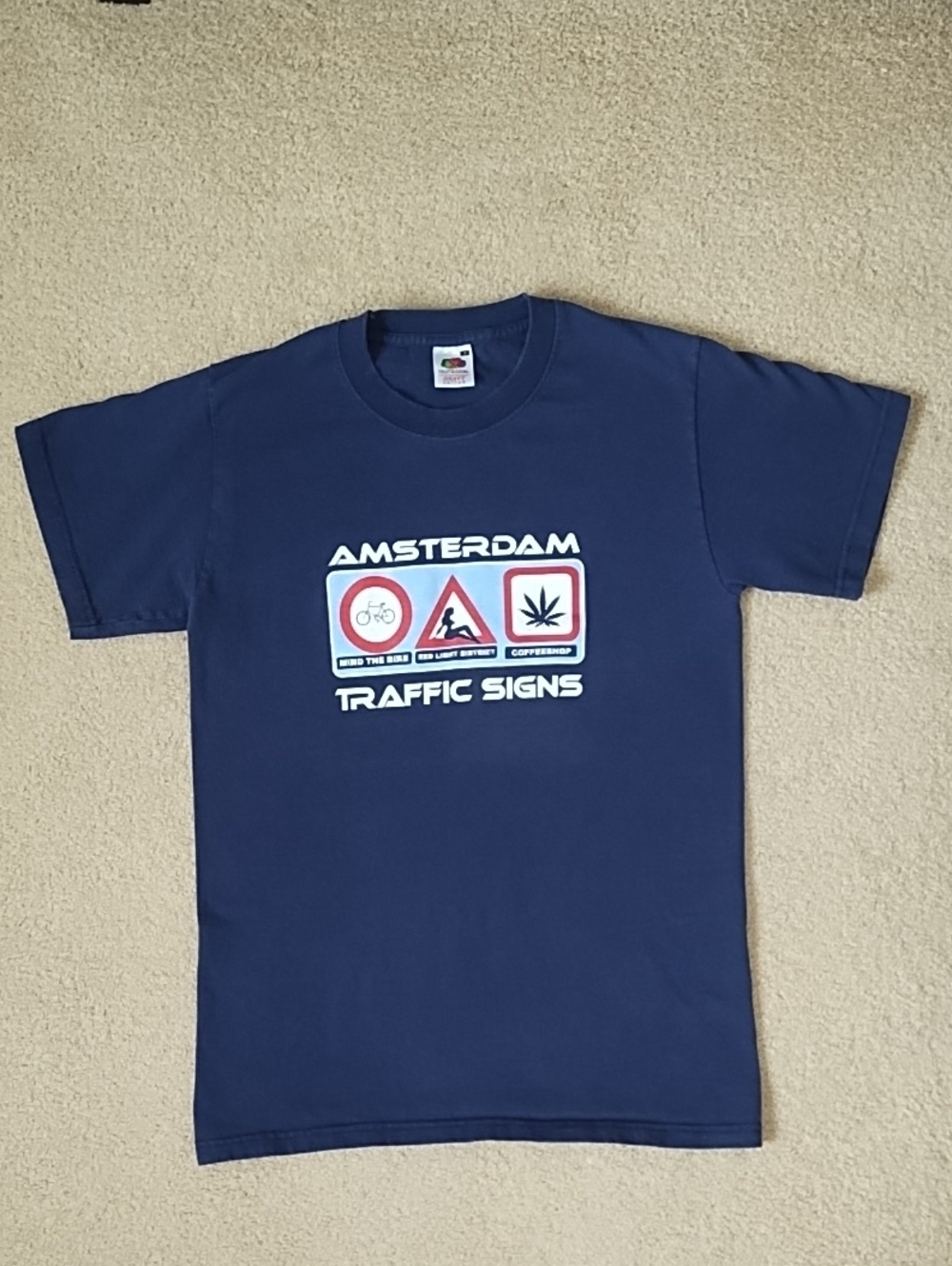 AMSTERDAM Traffic Signs Blue Fruit Of The Loom Heavy Cotton Graphic Tee Small